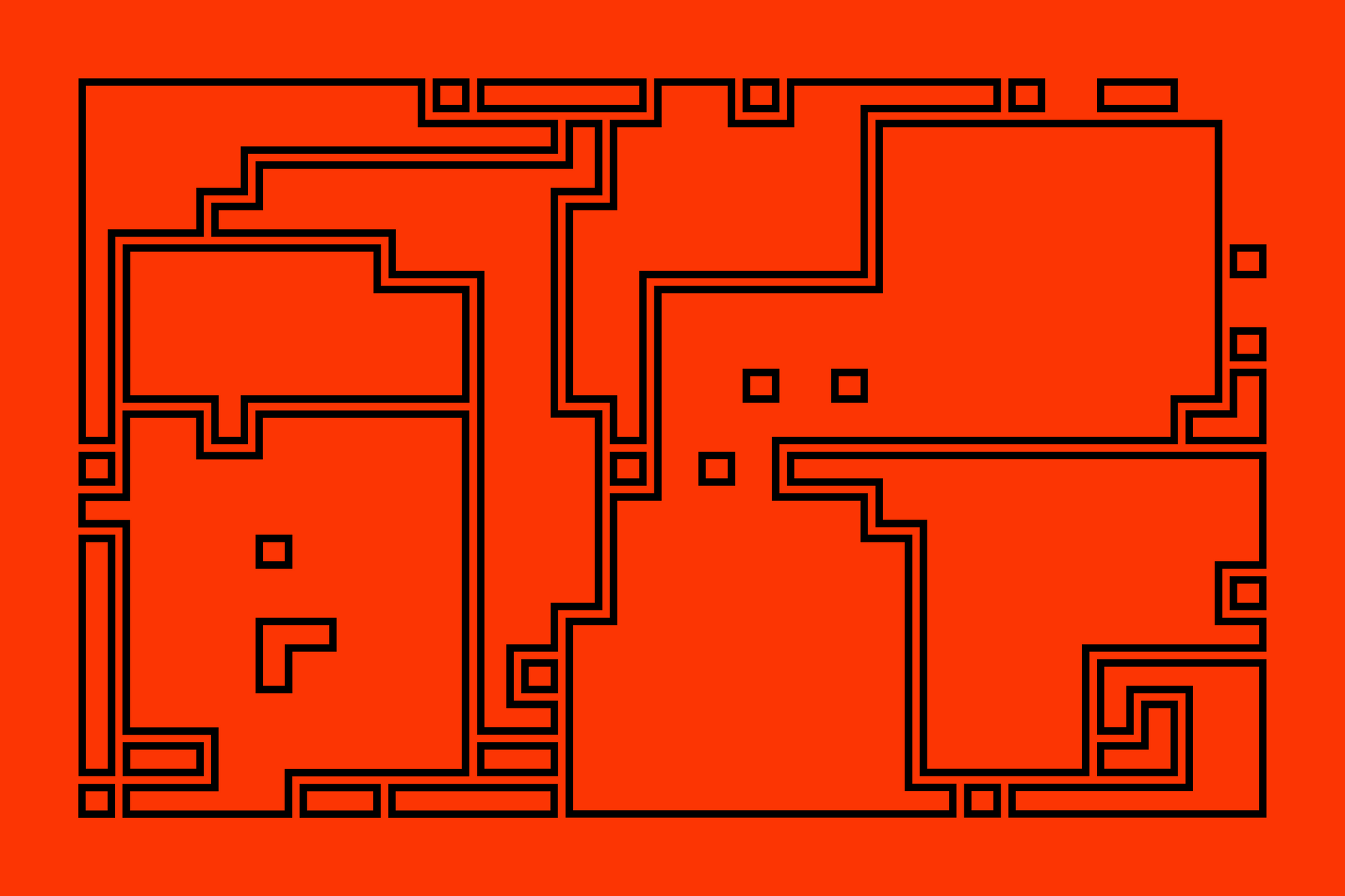 A maze like/dungeon like 2D structure. Digital art, computer generated.