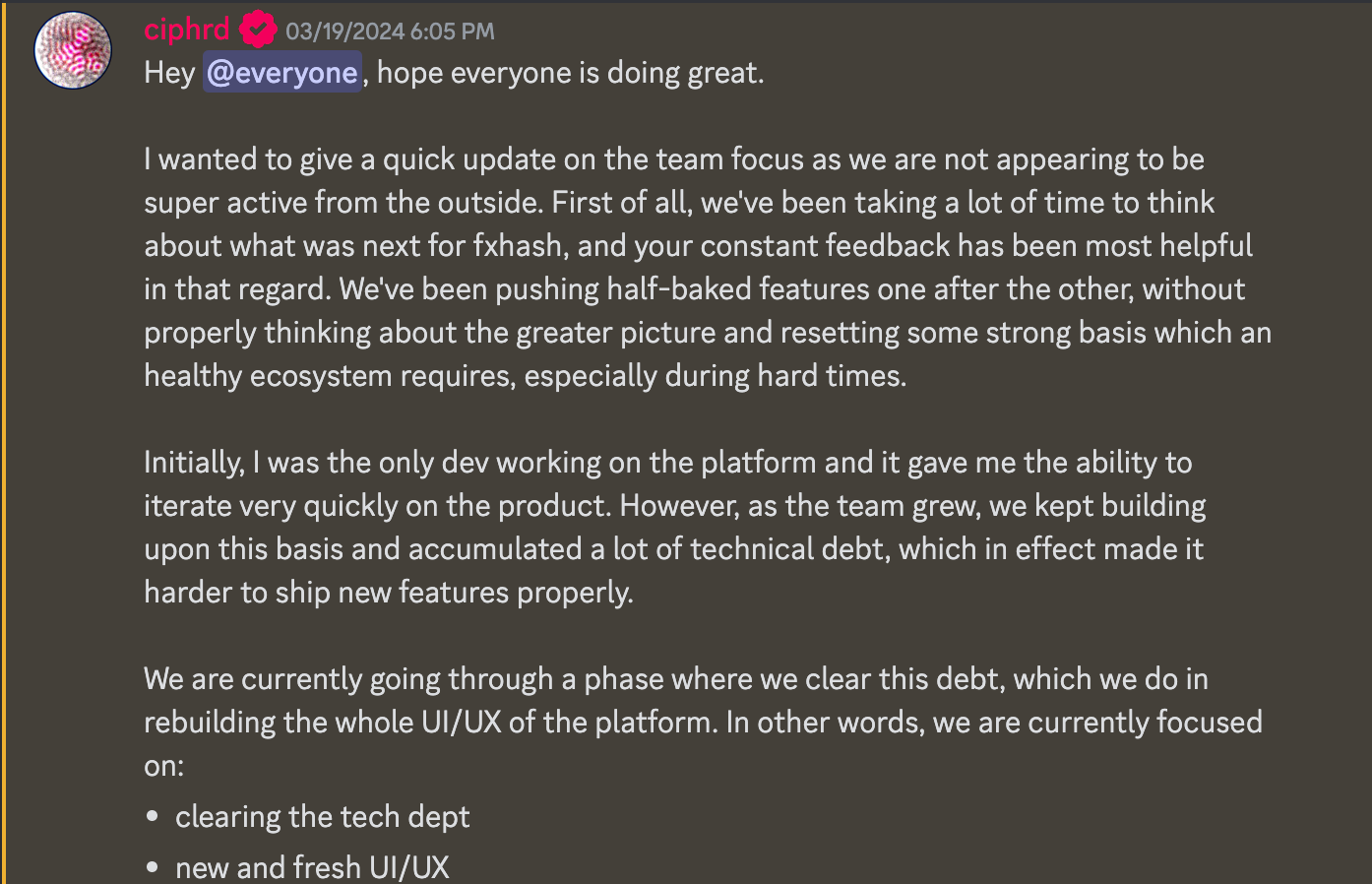 Screenshot of Ciphrd's announcement in the fxhash discord