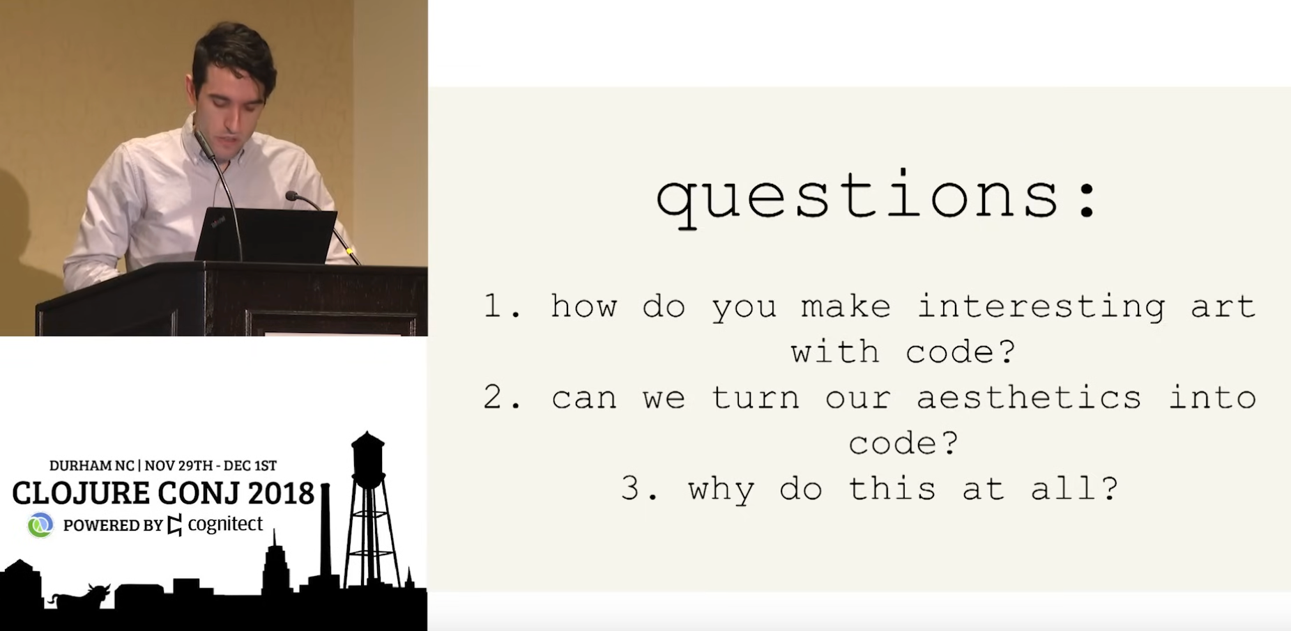 A screenshot of Tyler Hobbs talk at Clojure Con 2018 where he shows a slide in which he asks some important questions about what makes for interesting art.