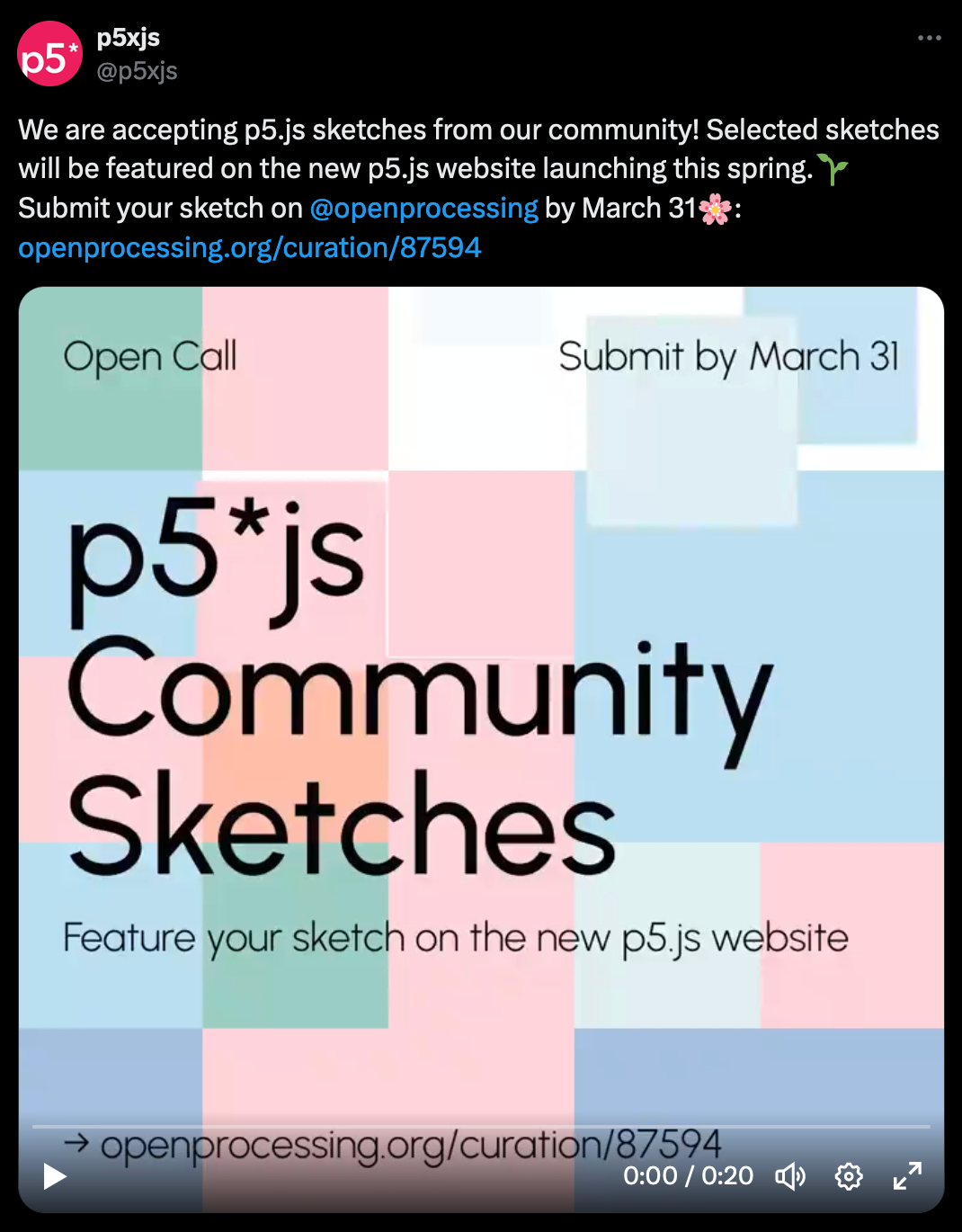Screenshot of p5js announcement tweet