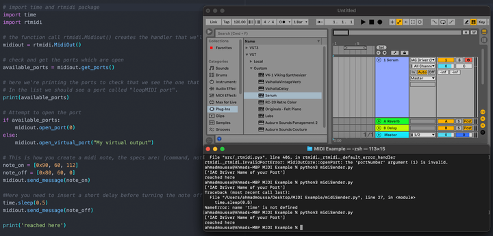 A code environment, with an open file showing python code. Next to it a music making software is shown and the terminal.