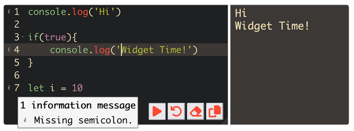 Javascript code written inside of a rectangular box, with it's output next to it.