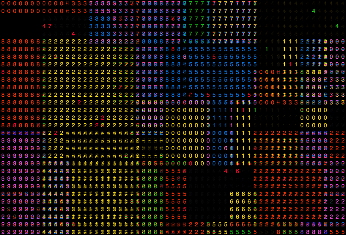 A colorful grid of numbers dispositioned in patches, where the patches sometimes overlap.