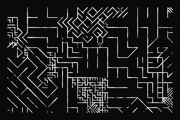 A computer generated graphic that shows strokes reminiscent of a maze.