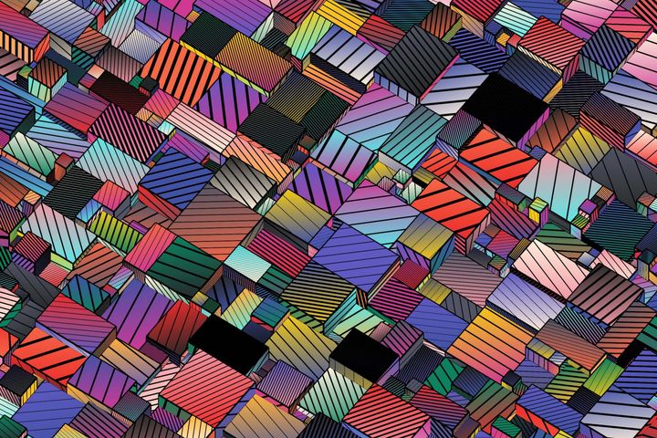 An abstract geometric landscape that consists of colorful rectangular boxes with hachures lines.