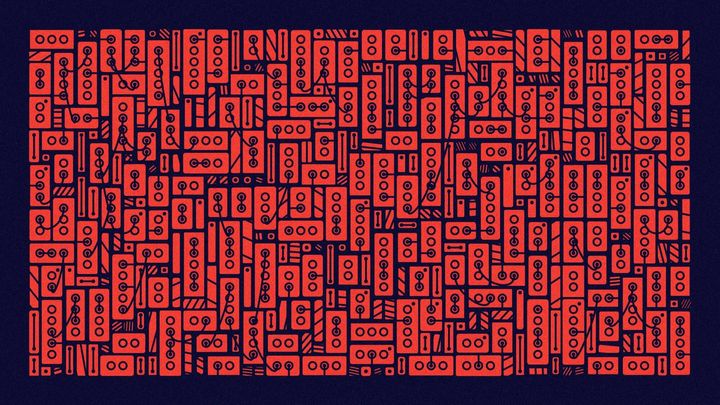 Abstract irregular grid of rectangles that are connected with wires.