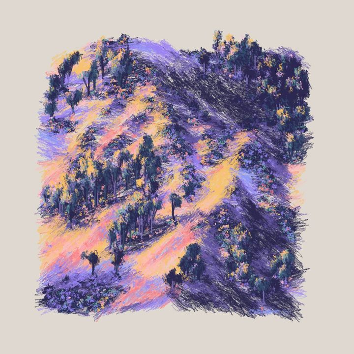 A computer generated graphic that shows a colorful abstract impressionist landscape.