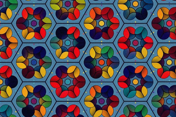 Hexagonal lattice, where each cell contains an abstract geometric flower, composed out of 6 circles.