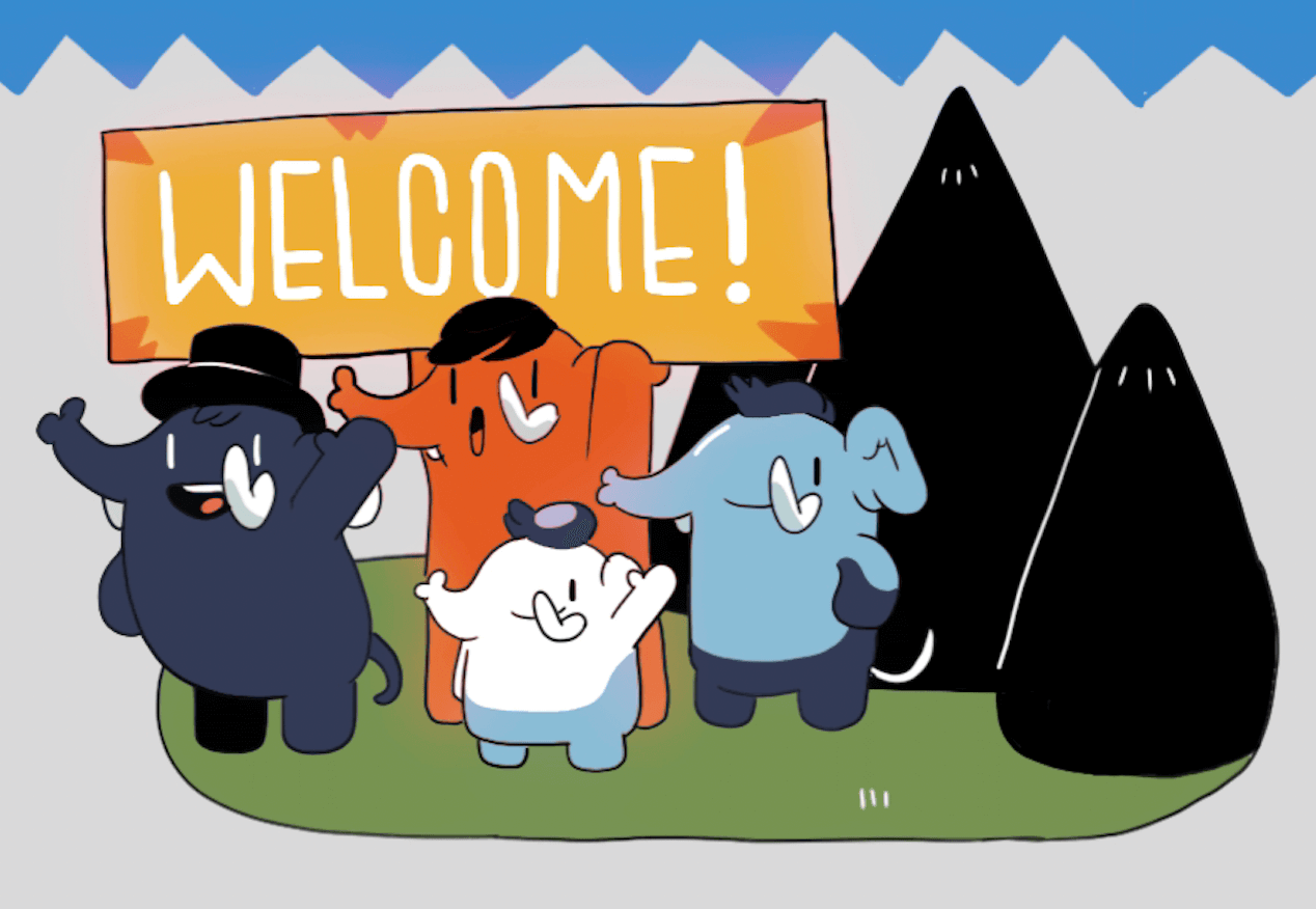 An illustration showing a group of elephants holding a large welcome sign.